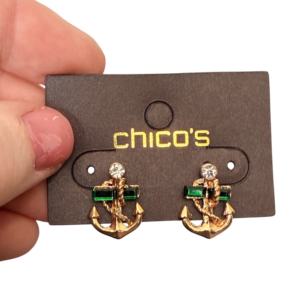 Vintage‎ Chico's Gold Anchor Crystal Stud Earrings Emerald NOS Y2K Nautical